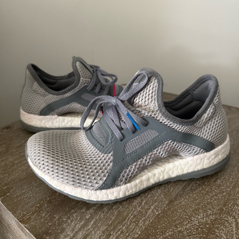 Gray and White Adidas Boost Athletic Sneakers